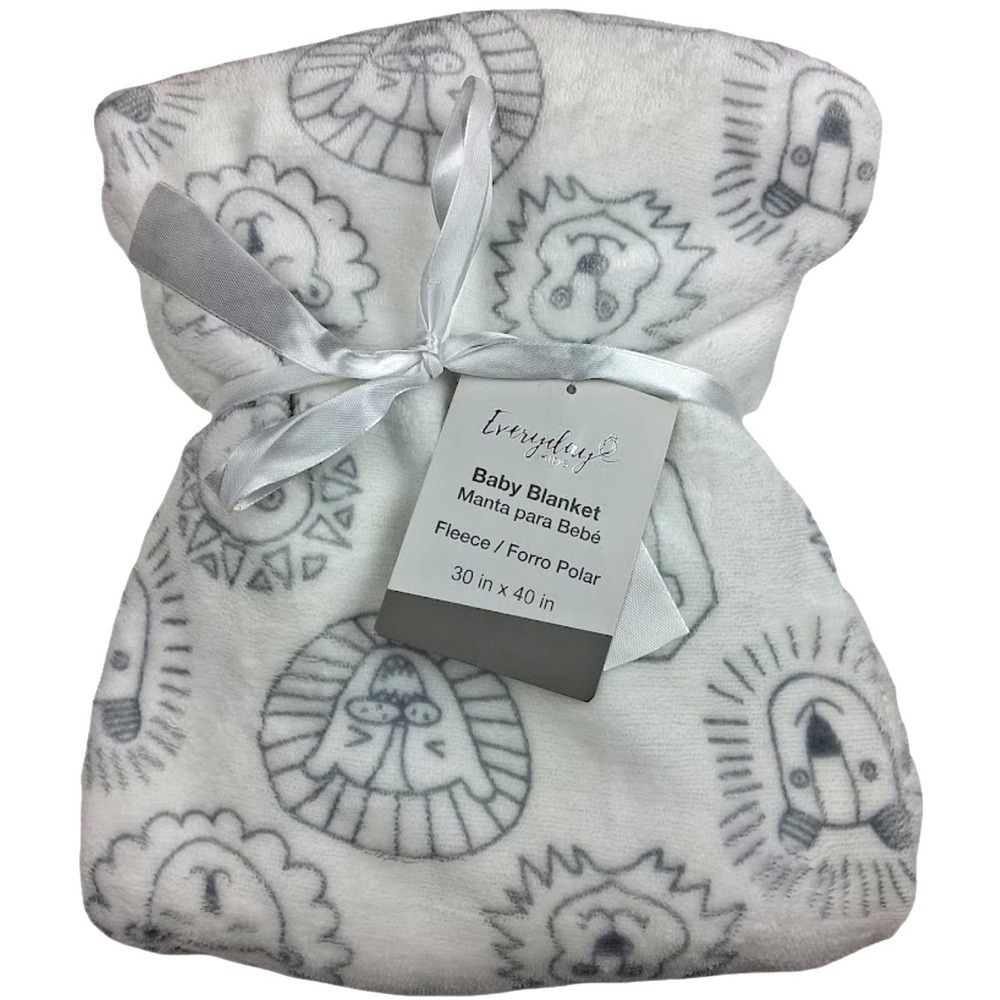 Everyday Kids White Gray Silver Safari Animal Faces Baby Blanket Plush 30x40 NWT